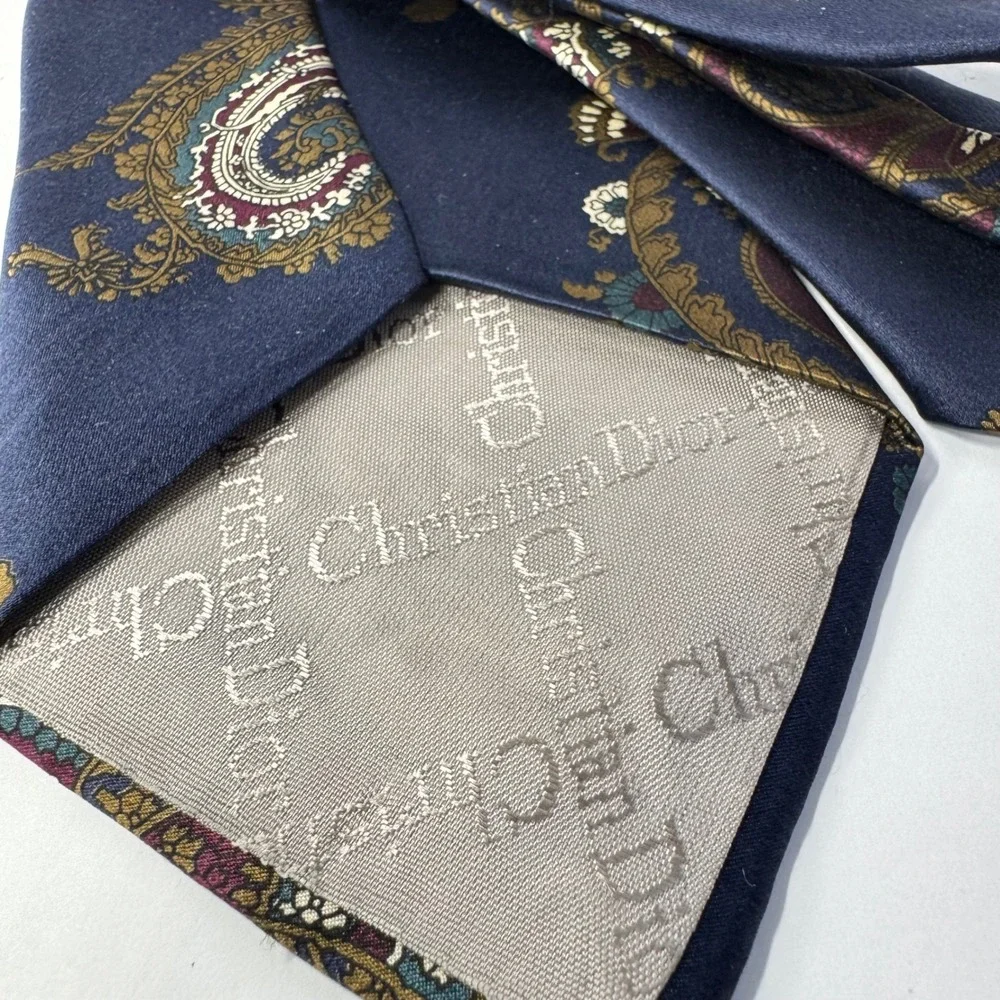 Christian Dior Monsieur Silk Tie Navy Blue Paisley Floral Italian Fabric USA VTG